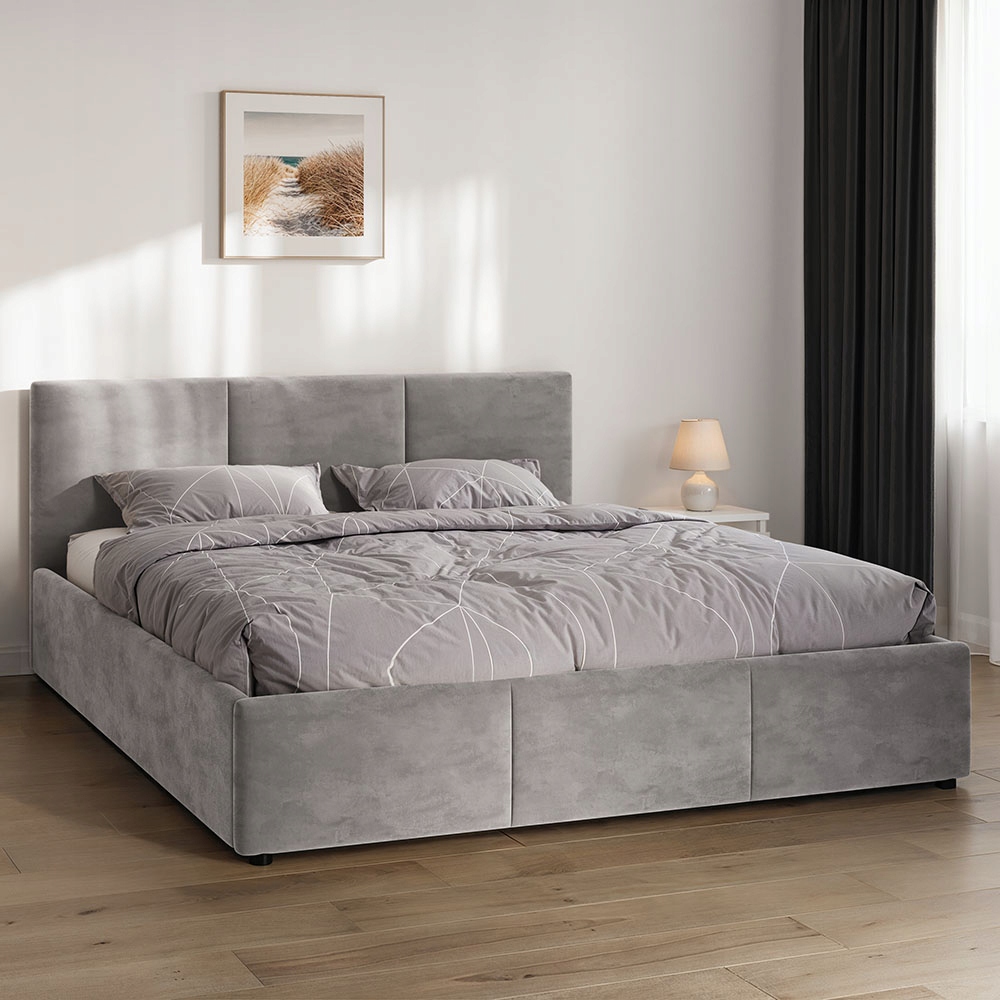 Łóżko tapicerowane Nela 160×200 cm – szare, z pojemnikiem i stelażem HLR-22