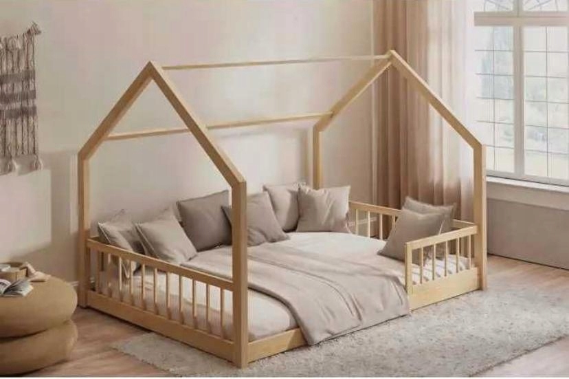 Drewniane Łóżko Domek dla Dzieci z Barierkami 160x80 – Styl Montessori